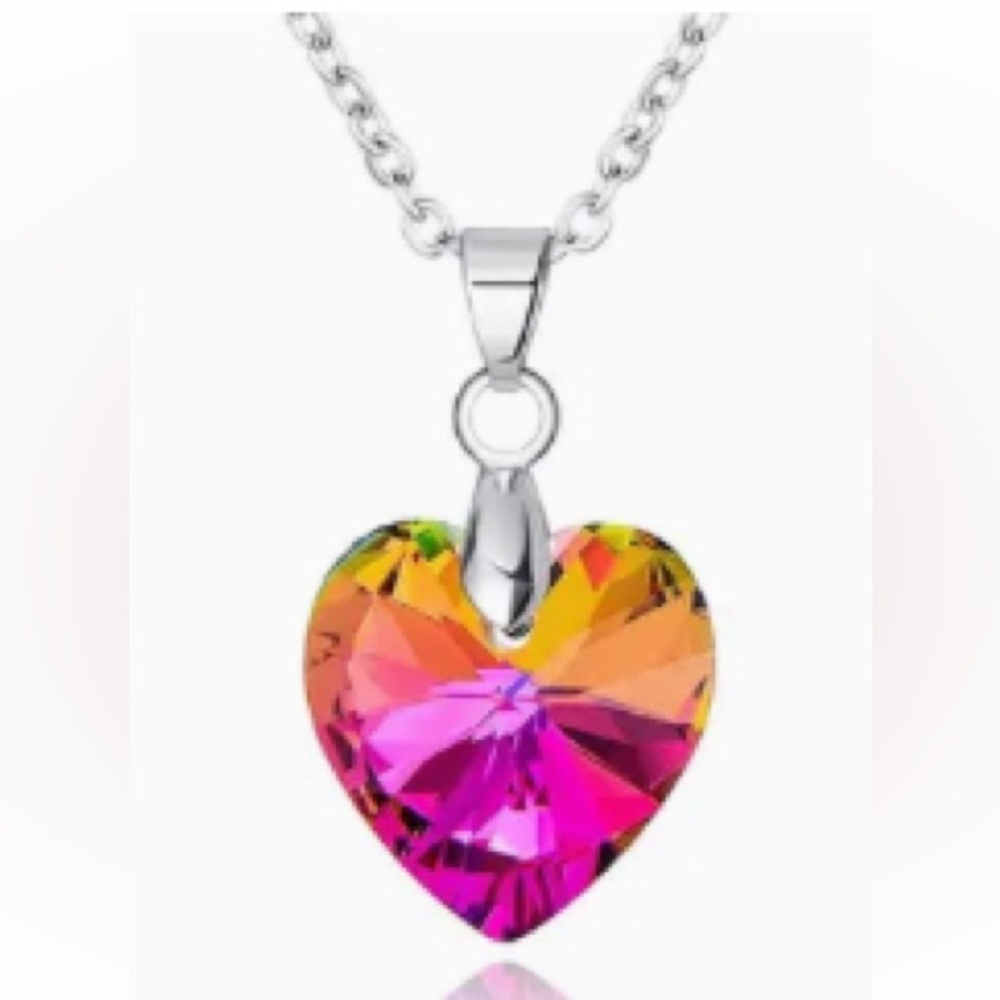 Rainbow Crystal Heart Silvertone Necklace 16-18” long